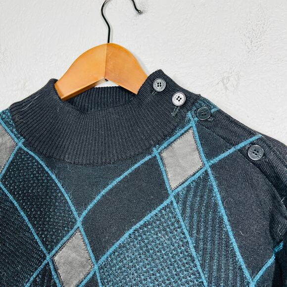 Vintage 80s Torras Leather Accent Argyle Sweater Mock Neck Side Button - 42 - Picture 4 of 10